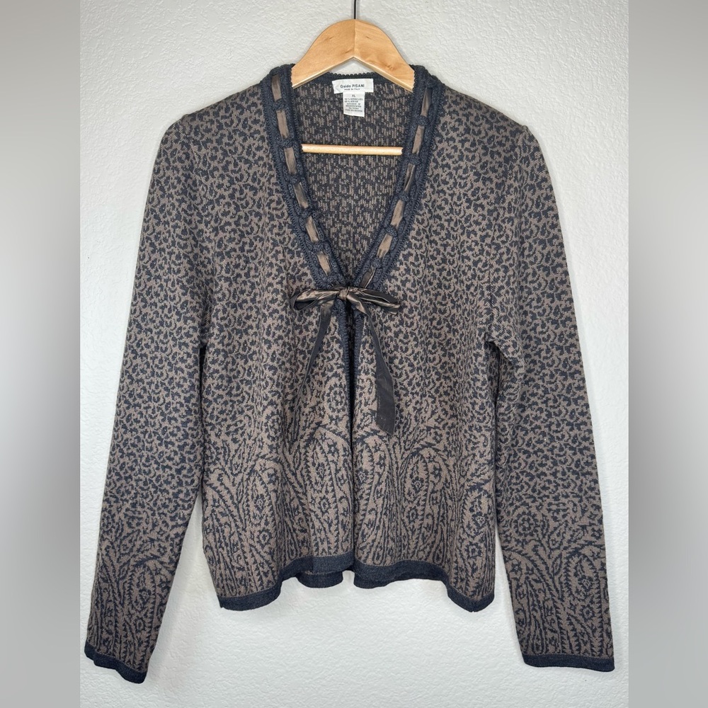Guido Pisani Wool‎ Blend Womens XL Knit Cardigan Sweater Leopard Print Front Bow